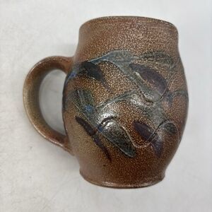 Signed Studio Pottery Blue Brown Leaf Design Glazed Natural Stoneware Mug 16 Oz